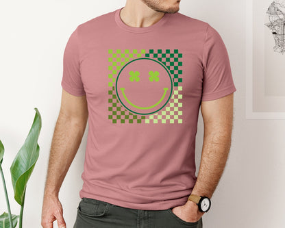 brand:Bella Canvas|color:Heather Mauve|St Patricks Clover Smiley Saint Graphic T-Shirt