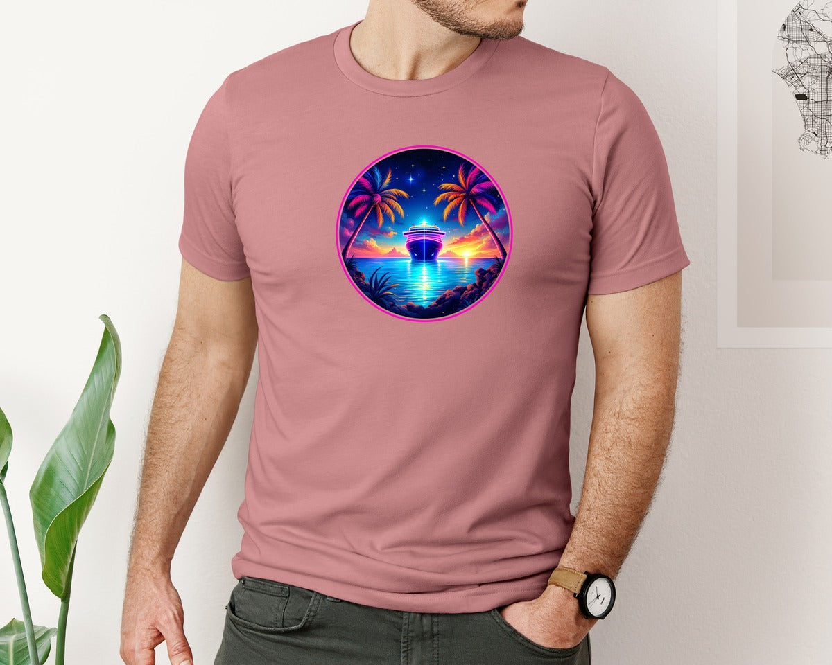 brand:Bella Canvas|color:Heather Mauve|Neon Palm Tree Cruise Ship Graphic T-Shirt