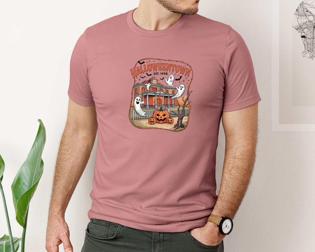 brand:Bella Canvas|color:Heather Mauve|Halloweentown Ghost House Graphic T-Shirt