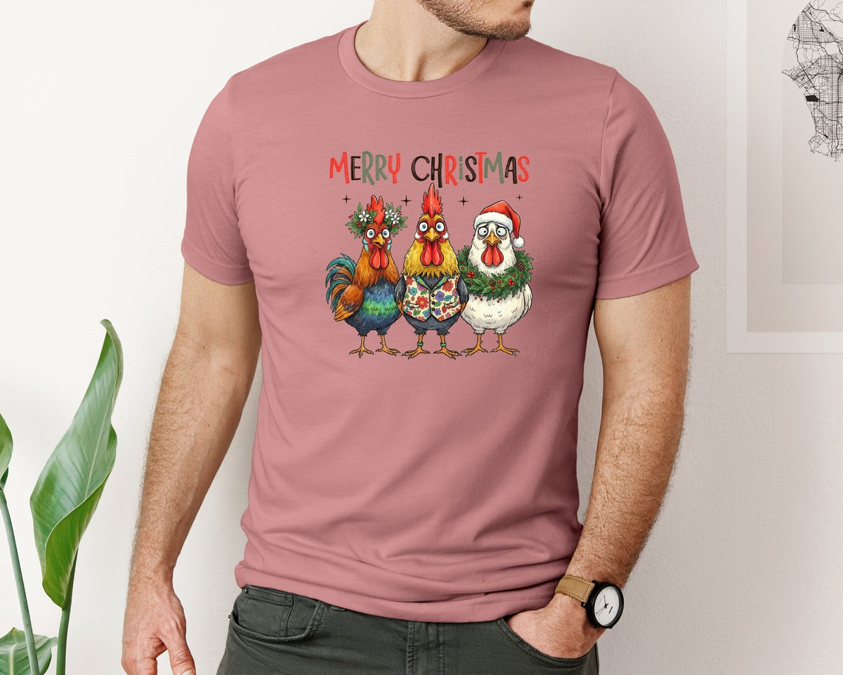brand:Bella Canvas|color:Heather Mauve|Merry Christmas Funny Roosters Graphic T-Shirt
