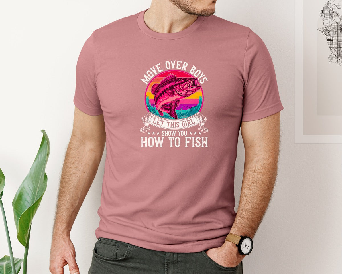 brand:Bella Canvas|color:Heather Mauve|Move Over Boys Funny Fishing Girl Graphic T-Shirt
