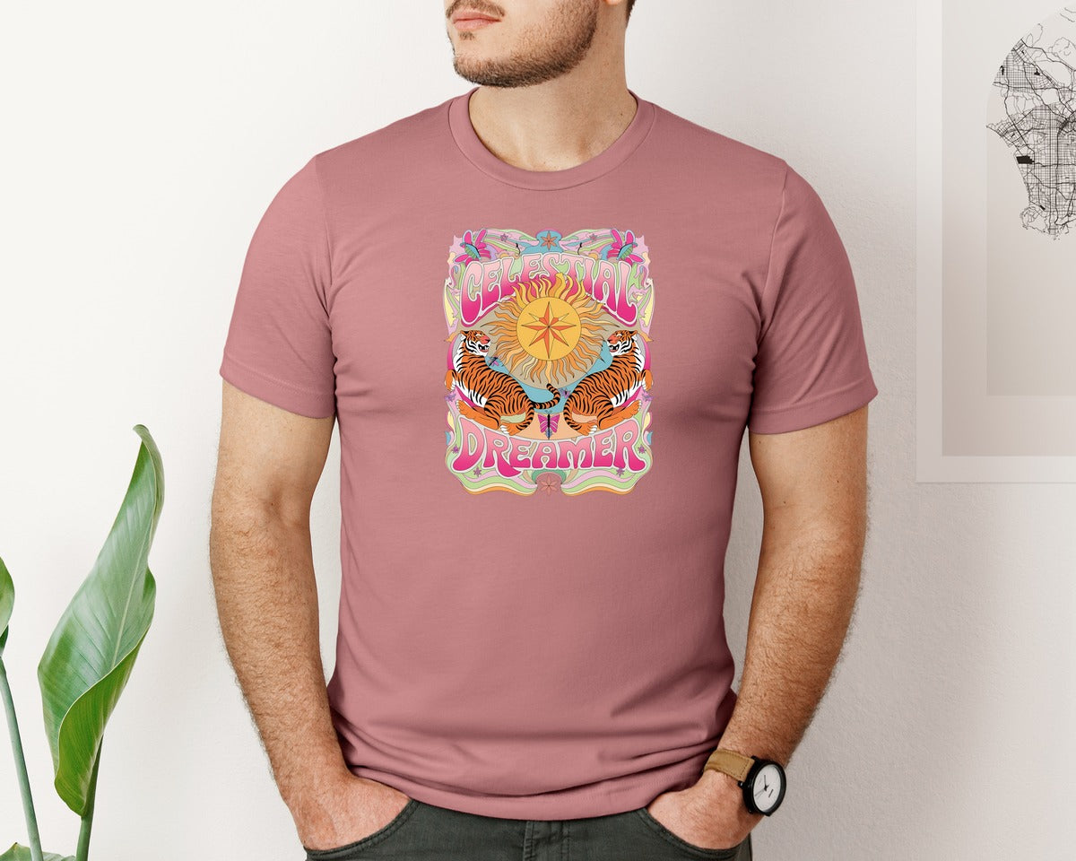 brand:Bella Canvas|color:Heather Mauve|Celestial Dreamer Boho Tiger Design Graphic T-Shirt