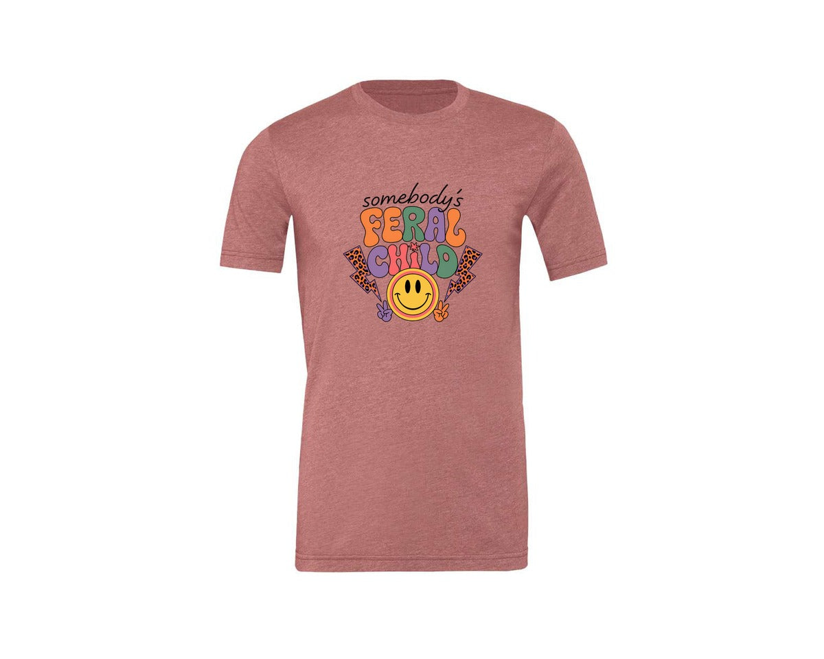 brand:Generic|color:Heather Mauve|Somebodys Feral Child Funny Summer Graphic T-Shirt