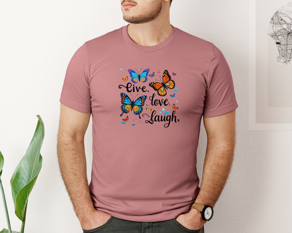 brand:Bella Canvas|color:Heather Mauve|Live Love Laugh Butterflies T Shirt Graphic T-Shirt