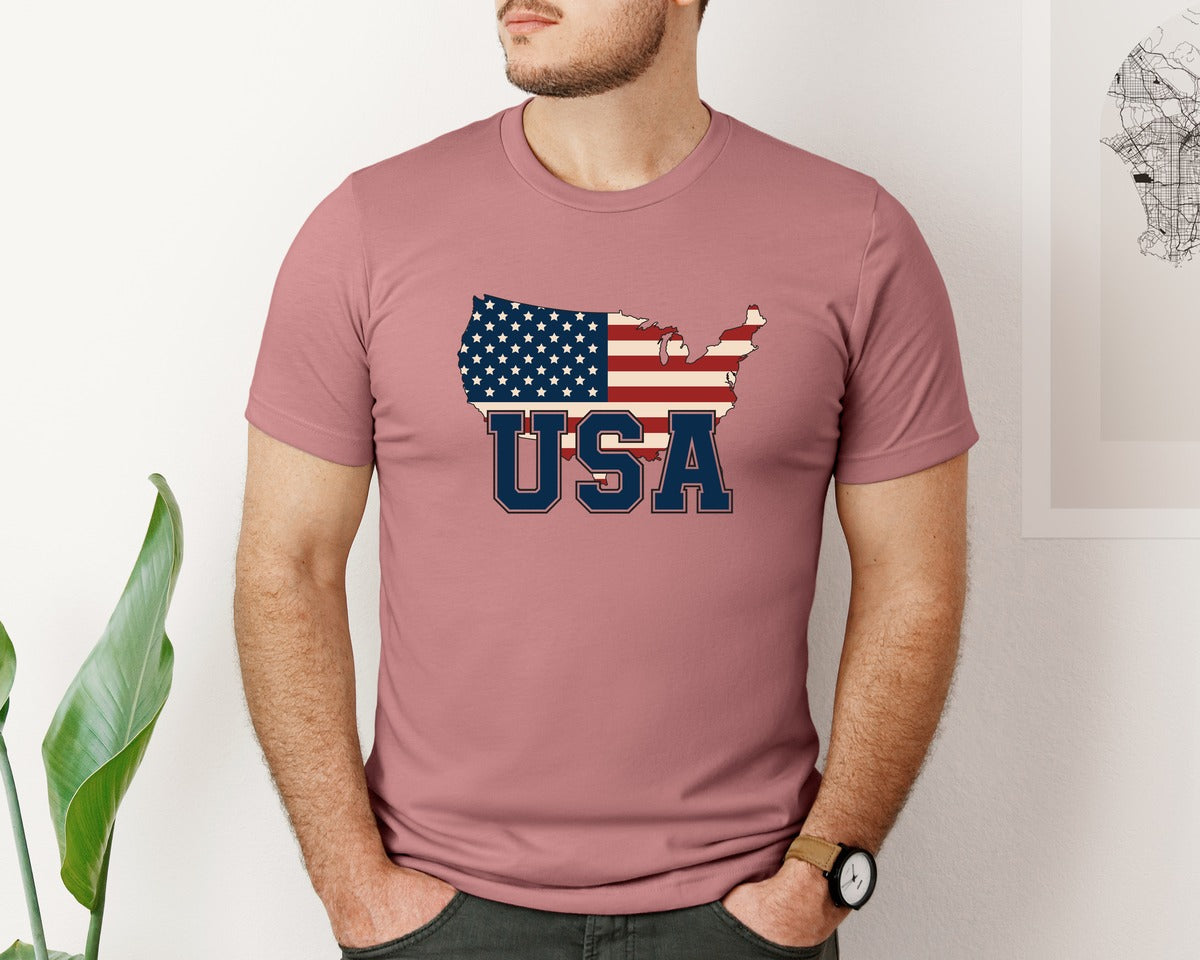 brand:Bella Canvas|color:Heather Mauve|America Usa Map 4Th Of July Patriotic 4 Graphic T-Shirt