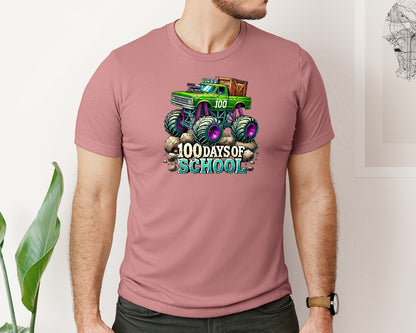 brand:Bella Canvas|color:Heather Mauve|100 Days Of School Monster Truck 5 Graphic T-Shirt