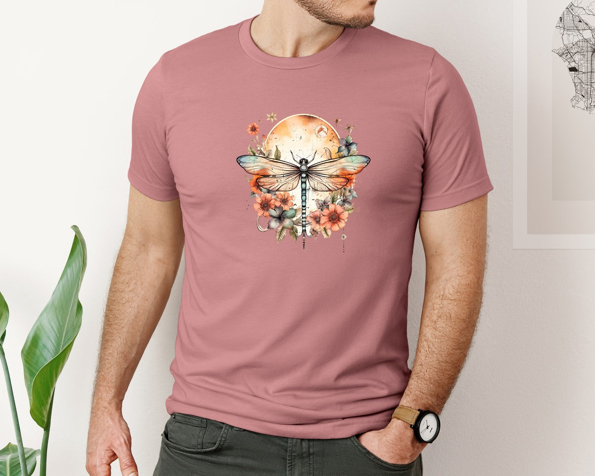 brand:Bella Canvas|color:Heather Mauve|Hippie Moon Wild Flowers Dragonfly Graphic T-Shirt