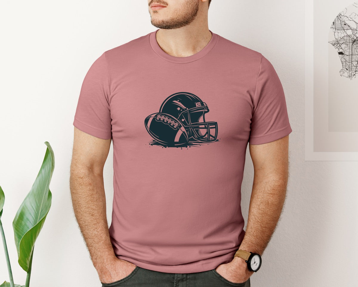brand:Bella Canvas|color:Heather Mauve|Football Helmet Rugby Super Bowl Graphic T-Shirt
