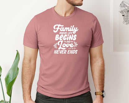 brand:Bella Canvas|color:Heather Mauve|Family Where Life Begins And Love Never 70 Graphic T-Shirt
