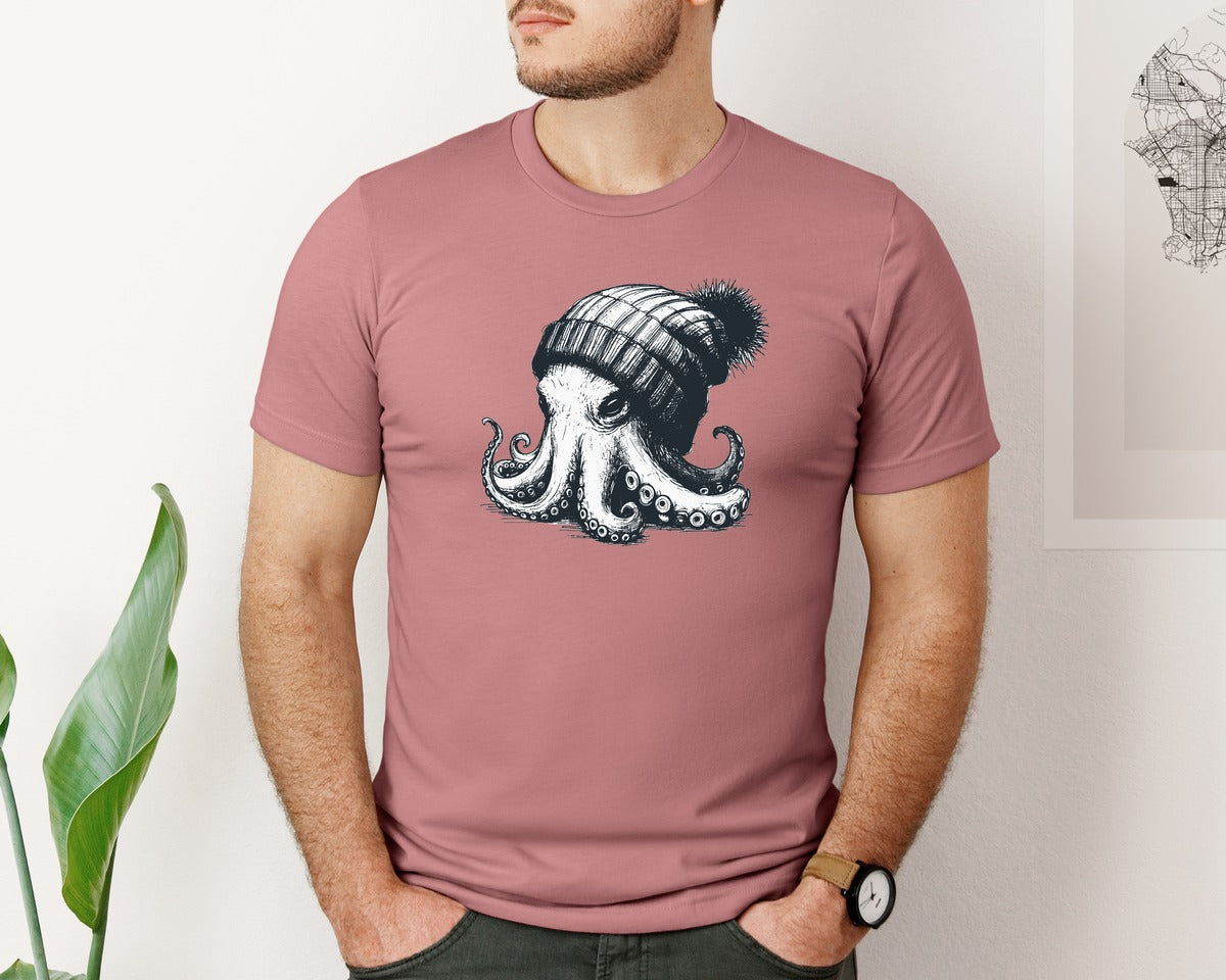 brand:Bella Canvas|color:Heather Mauve|Octopus Wearing Beanie Retro Shirt Graphic T-Shirt