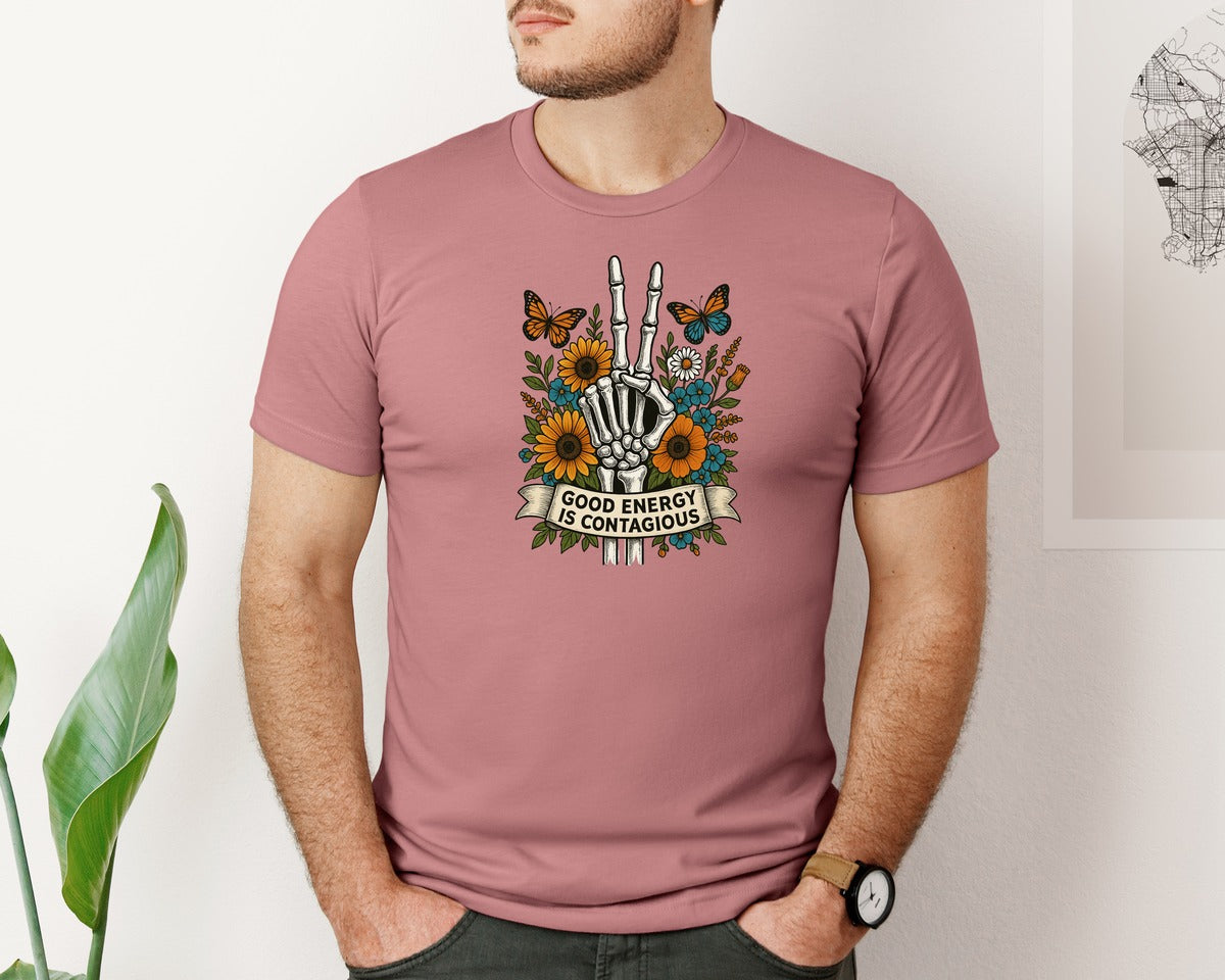 brand:Bella Canvas|color:Heather Mauve|Good Energy Is Contagious Retro Graphic T-Shirt