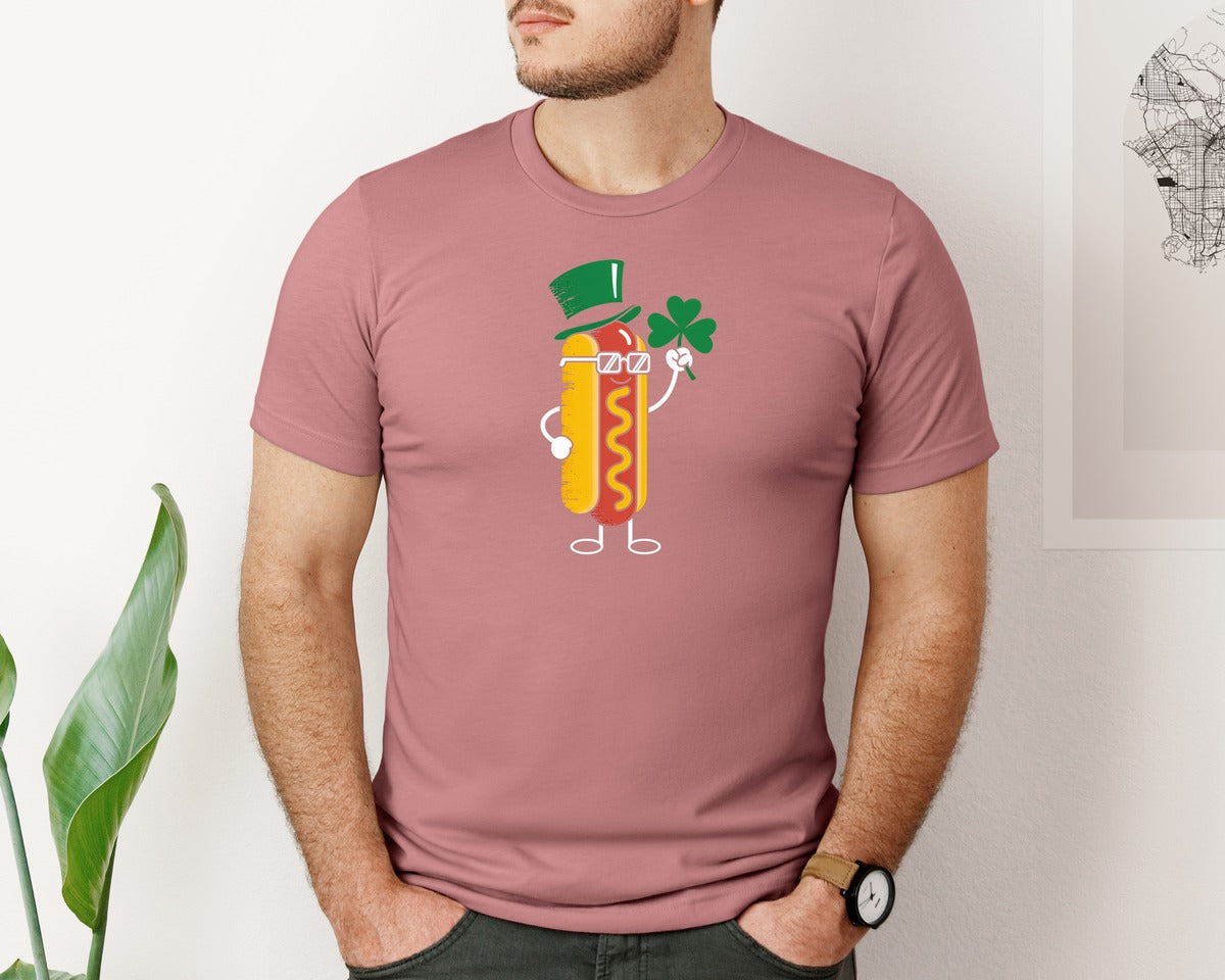 brand:Bella Canvas|color:Heather Mauve|Funny St Patricks Day Hot Dog Graphic T-Shirt