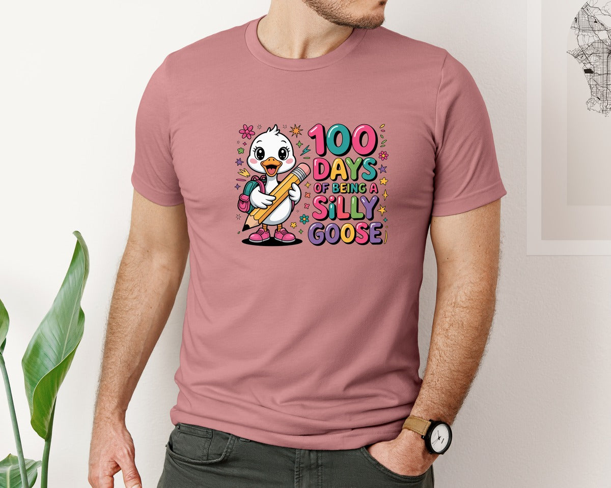 brand:Bella Canvas|color:Heather Mauve|Funny Goose Happy 100 Days Of School Graphic T-Shirt