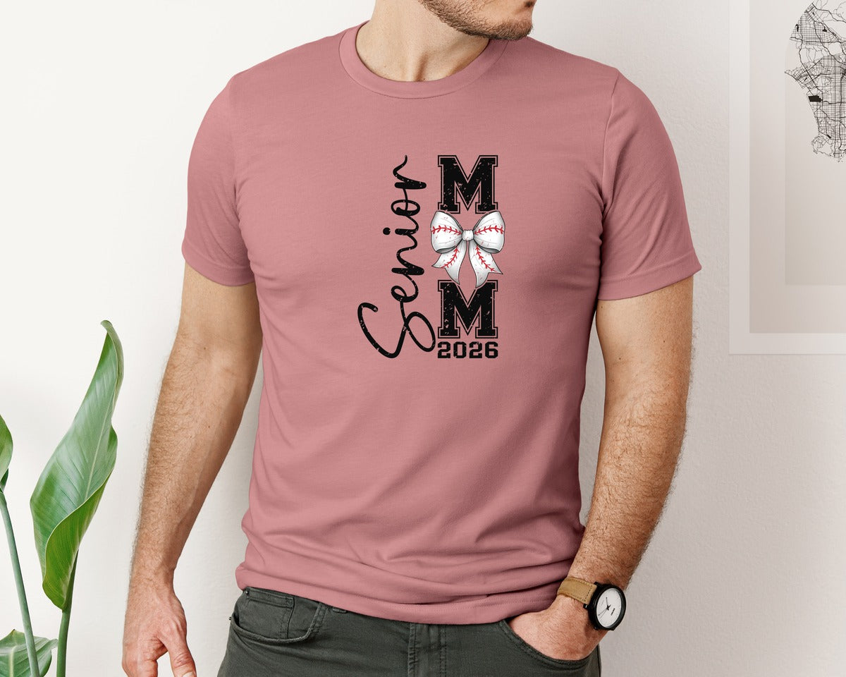 brand:Bella Canvas|color:Heather Mauve|2026 Senior Baseball Mom Coquette Bow Graphic T-Shirt