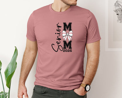 brand:Bella Canvas|color:Heather Mauve|2026 Senior Baseball Mom Coquette Bow Graphic T-Shirt
