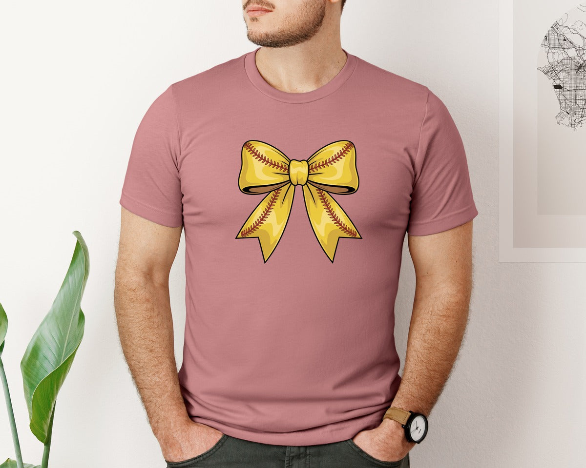 brand:Bella Canvas|color:Heather Mauve|Coquette Softball Softball Bow Graphic T-Shirt