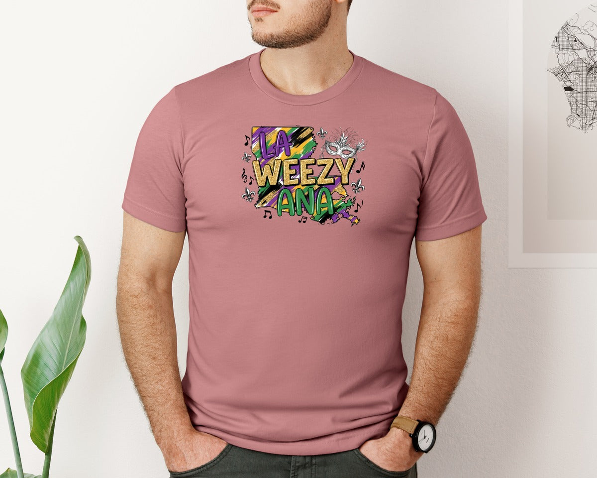 brand:Bella Canvas|color:Heather Mauve|La Weezy Ana Louisiana Design Graphic T-Shirt