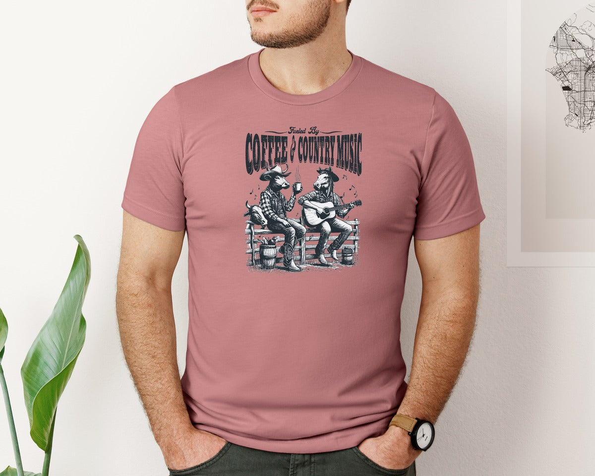 brand:Bella Canvas|color:Heather Mauve|Fueled By Coffee And Country Music Cow Graphic T-Shirt
