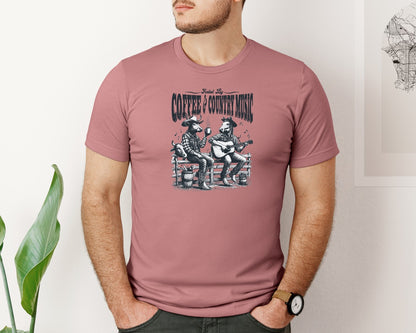 brand:Bella Canvas|color:Heather Mauve|Fueled By Coffee And Country Music Cow Graphic T-Shirt