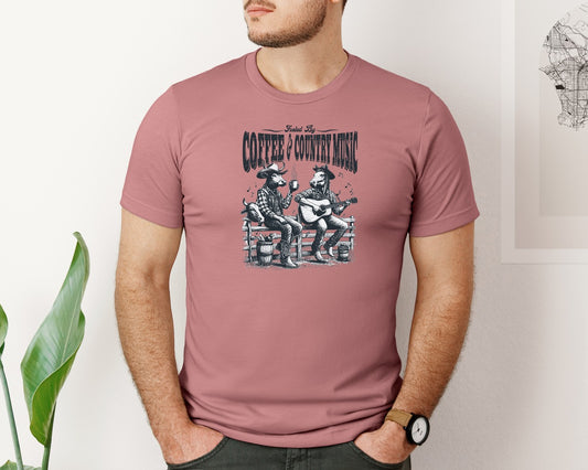 Fueled By Coffee And Country Music Cow Graphic T-Shirt