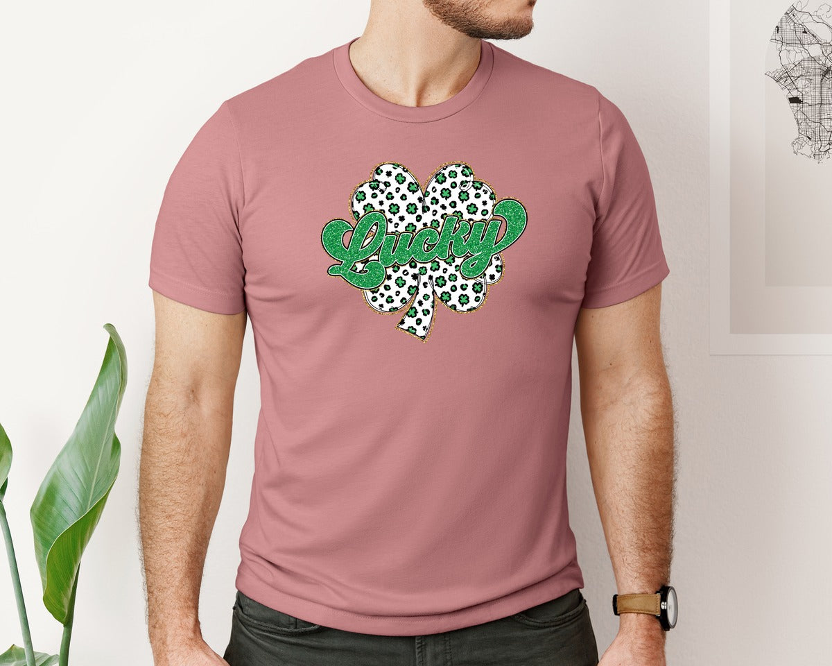 brand:Bella Canvas|color:Heather Mauve|Lucky Leopard Clover St Patricks Day Graphic T-Shirt