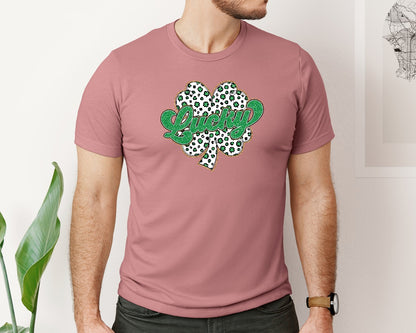 brand:Bella Canvas|color:Heather Mauve|Lucky Leopard Clover St Patricks Day Graphic T-Shirt