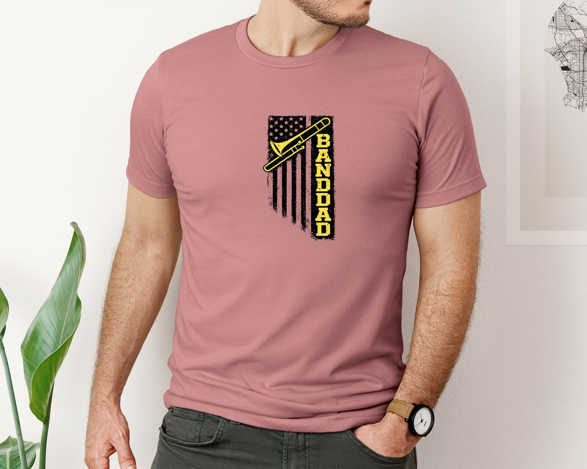 brand:Bella Canvas|color:Heather Mauve|Distressed Band Dad Trombone Flag Graphic T-Shirt