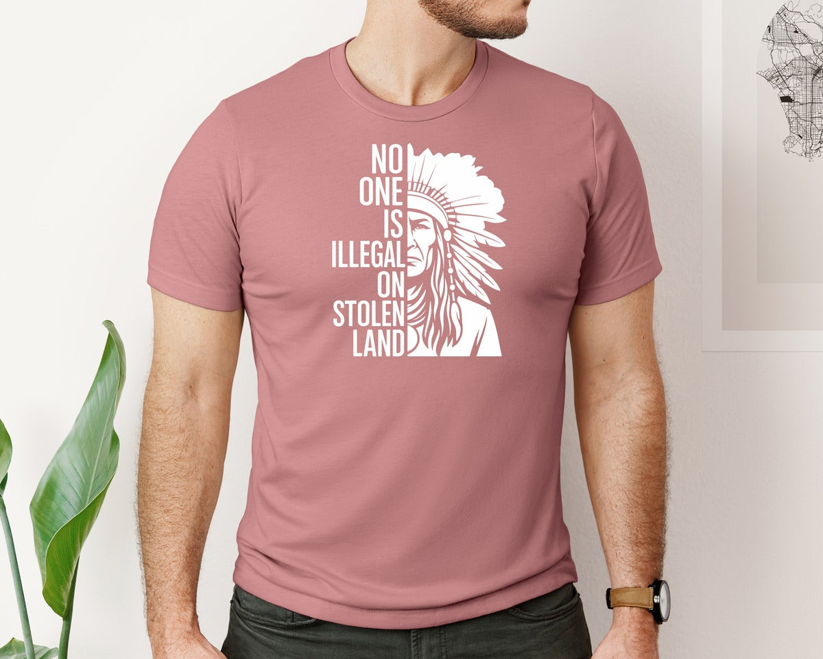 brand:Bella Canvas|color:Heather Mauve|No One Is Illegal On Stolen Land 17 Graphic T-Shirt