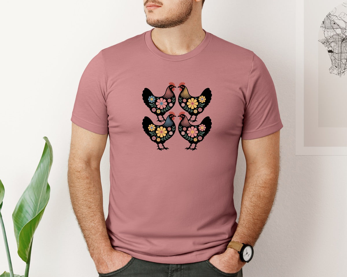 brand:Bella Canvas|color:Heather Mauve|Folk Floral Chicken Pattern Illustration Graphic T-Shirt