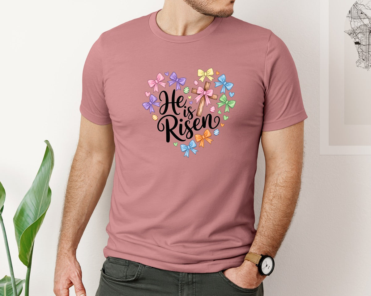 brand:Bella Canvas|color:Heather Mauve|Christian Easter Cross He Is Risen Graphic T-Shirt