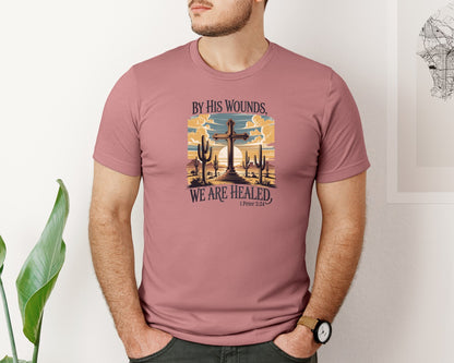 brand:Bella Canvas|color:Heather Mauve|By His Wounds We Are Healed Christian 5 Graphic T-Shirt
