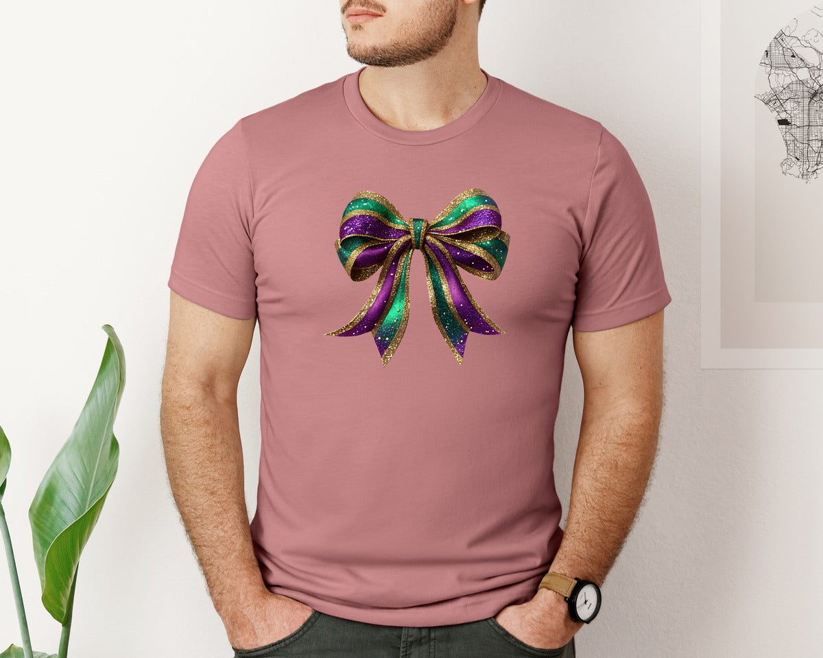 brand:Bella Canvas|color:Heather Mauve|Mardi Gras Glitter Bow Coquette Graphic T-Shirt