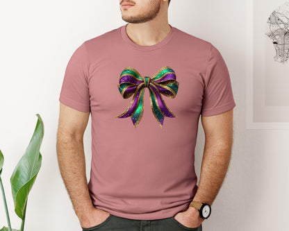 brand:Bella Canvas|color:Heather Mauve|Mardi Gras Glitter Bow Coquette Graphic T-Shirt