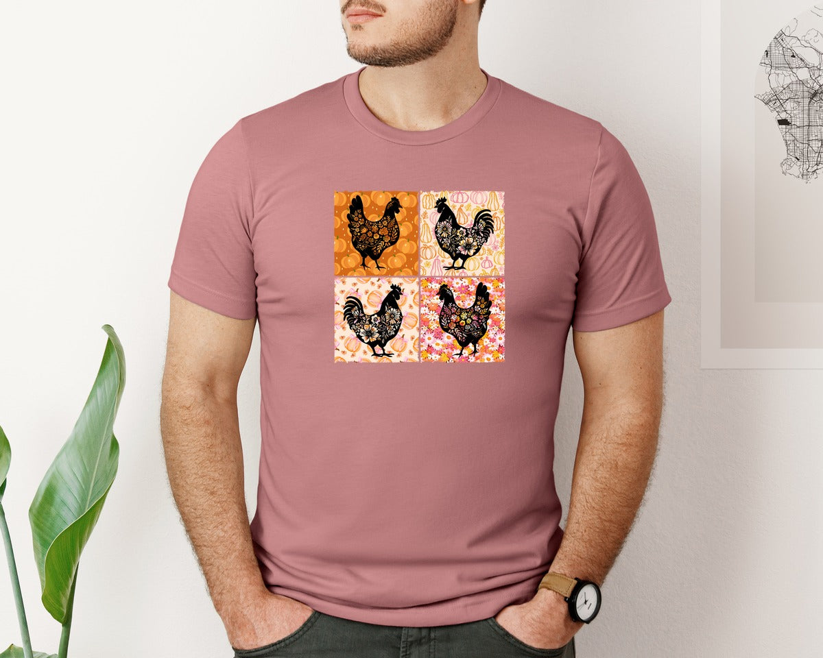 brand:Bella Canvas|color:Heather Mauve|Floral Fall Chicken Pumpkin Graphic T-Shirt