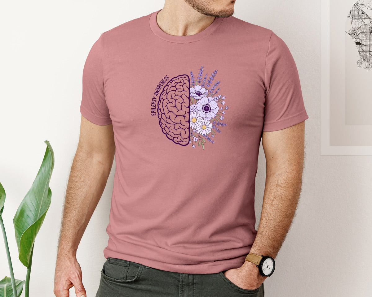 brand:Bella Canvas|color:Heather Mauve|Epilepsy Awareness Brain With Purple Graphic T-Shirt