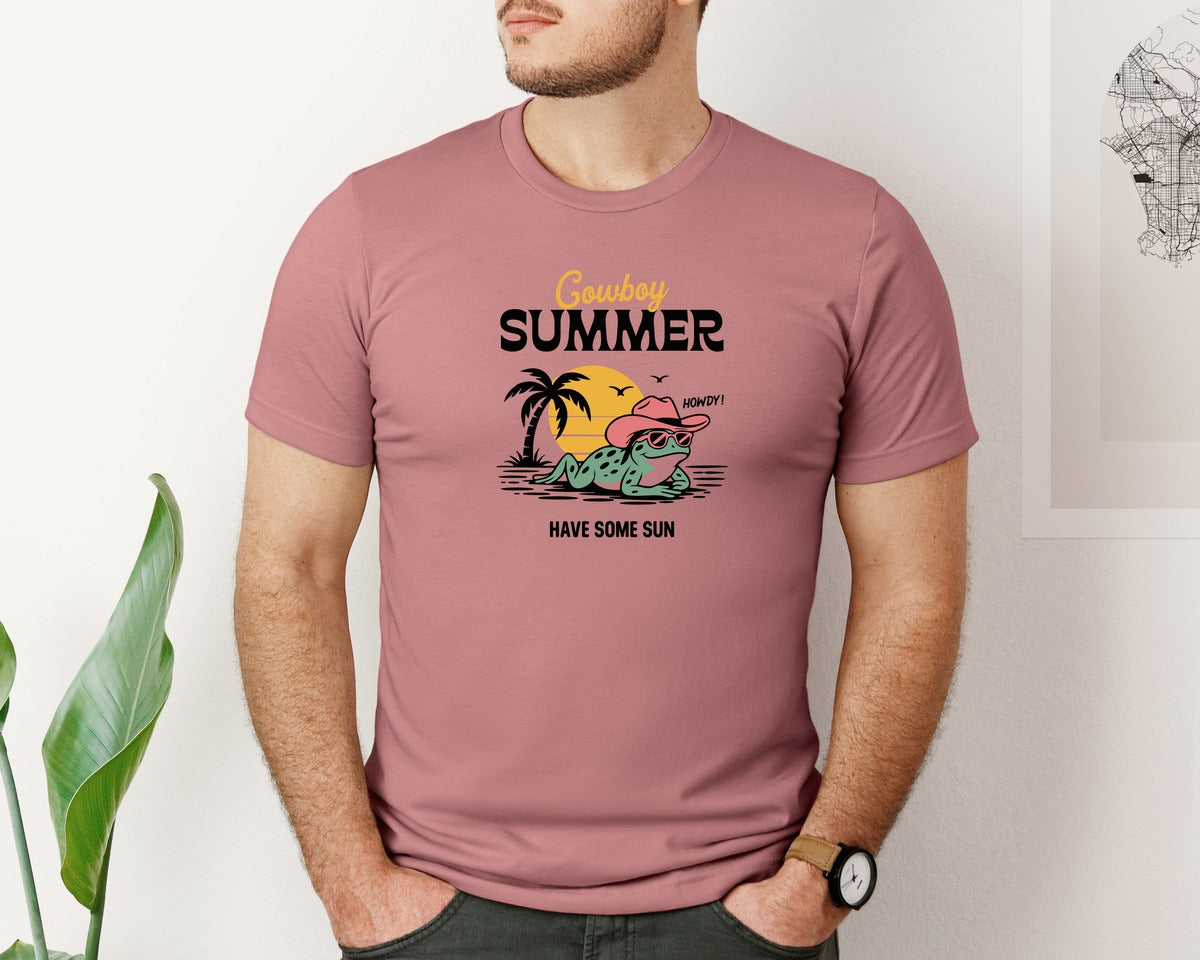 brand:Bella Canvas|color:Heather Mauve|Funny Western Summer Cowboy Frog Graphic T-Shirt