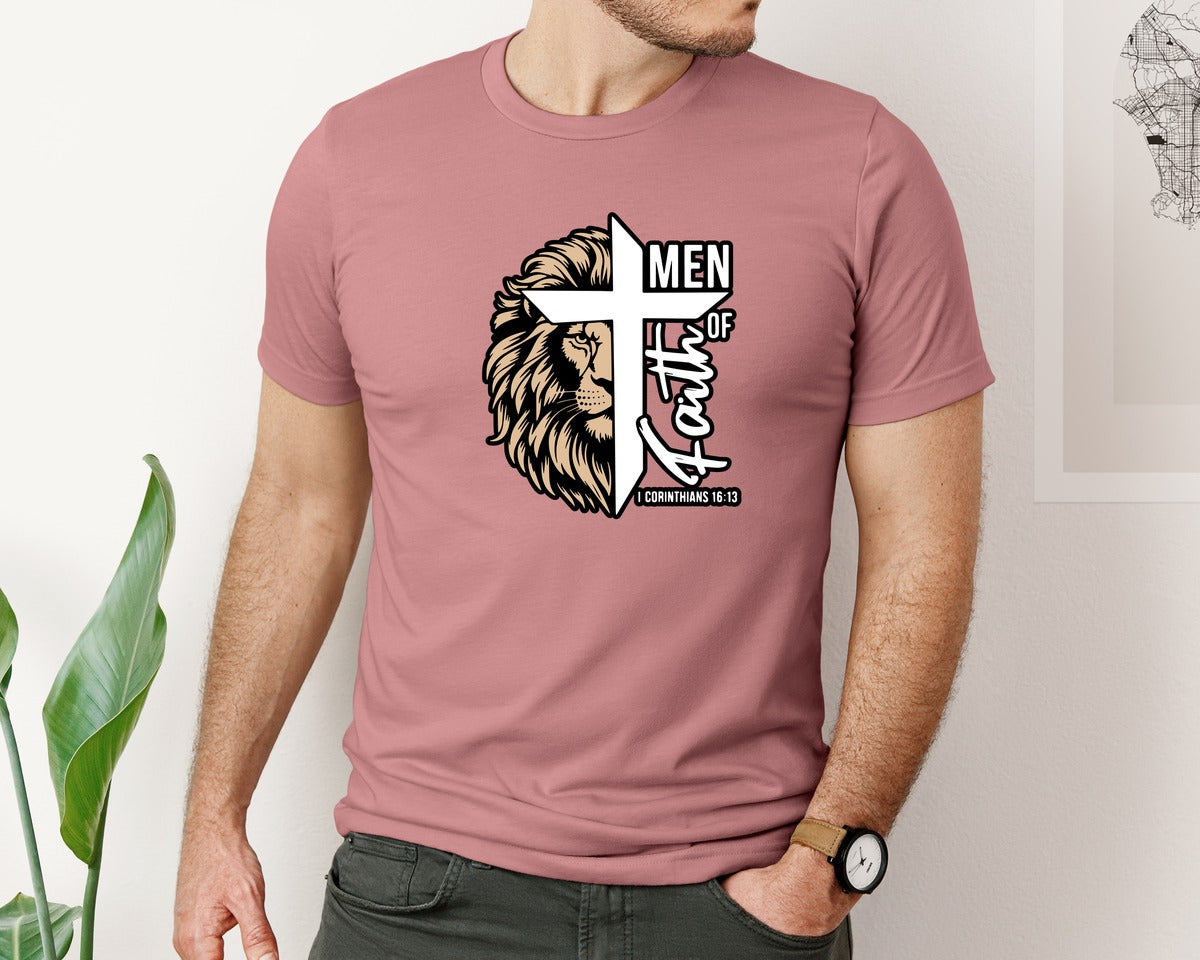 brand:Bella Canvas|color:Heather Mauve|Men Of Faith Lion Cross Religious Graphic T-Shirt