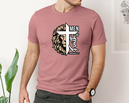 brand:Bella Canvas|color:Heather Mauve|Men Of Faith Lion Cross Religious Graphic T-Shirt