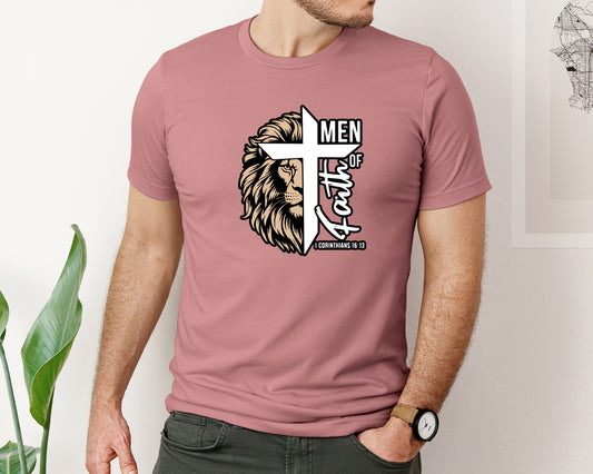 Men Of Faith Lion Cross Religious Graphic T-Shirt