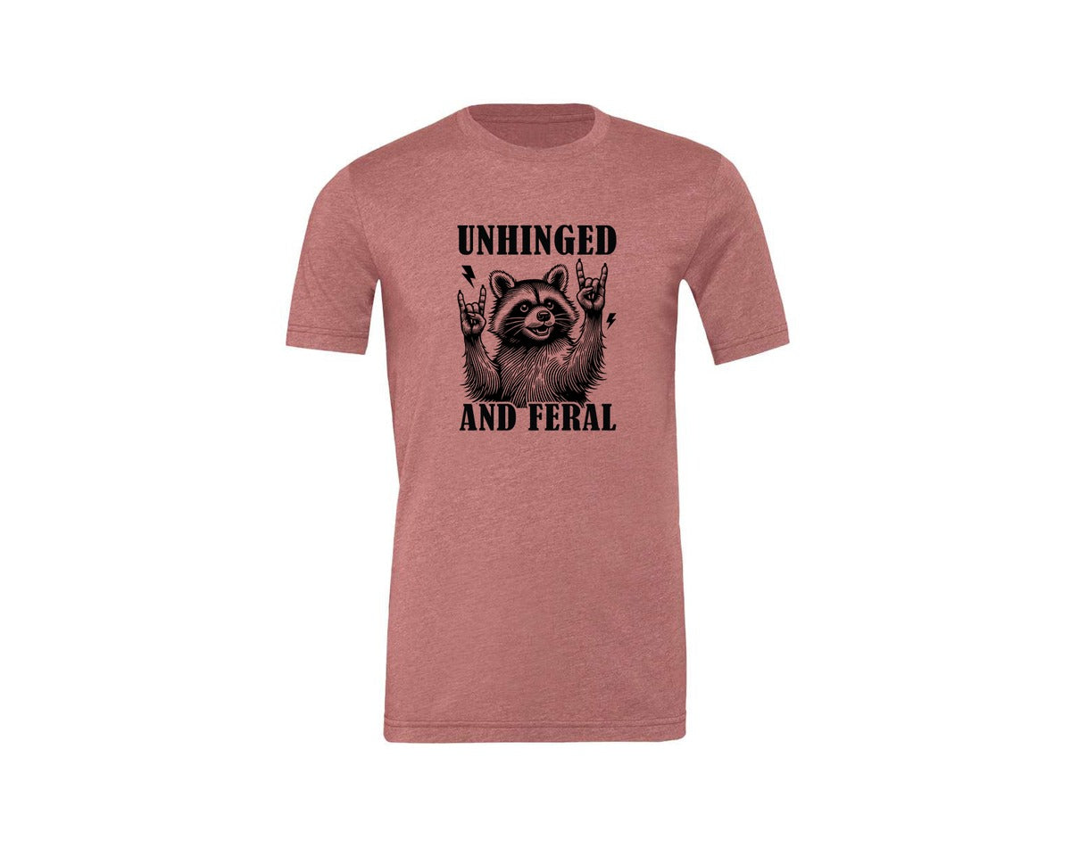 brand:Generic|color:Heather Mauve|Unhinged And Feral Vintage Raccoon Meme Graphic T-Shirt