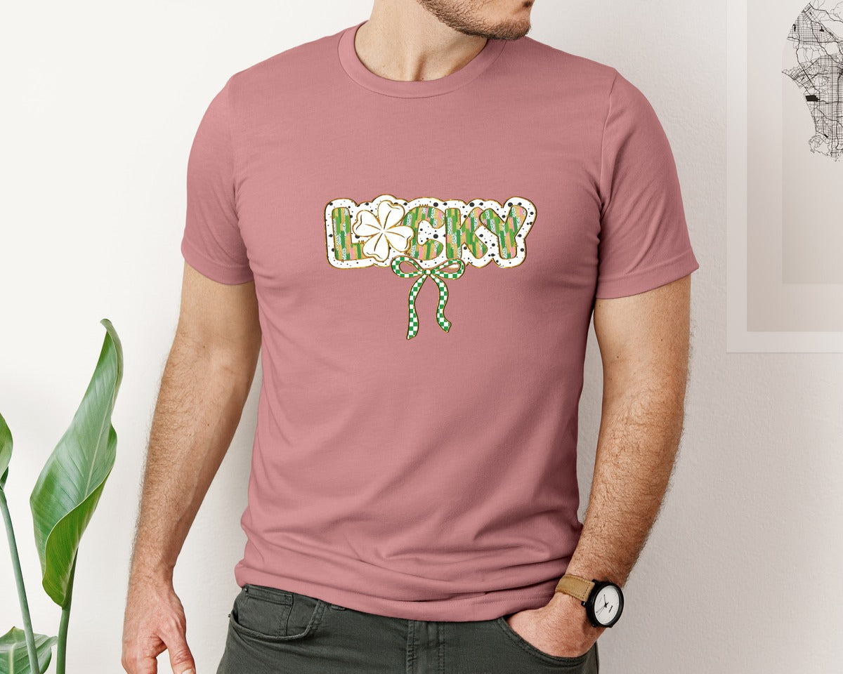 brand:Bella Canvas|color:Heather Mauve|Lucky Clover Bow Preppy St Patricks Graphic T-Shirt