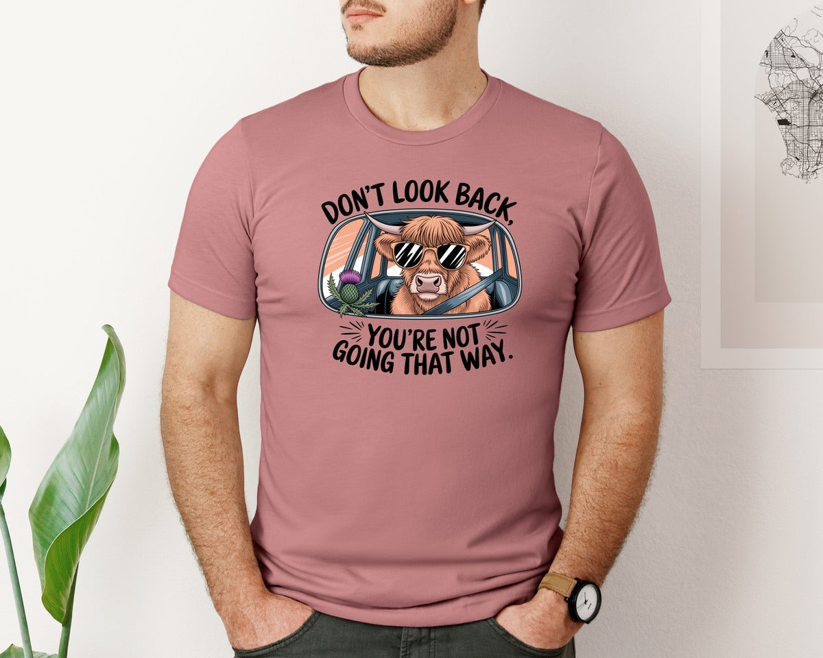 brand:Bella Canvas|color:Heather Mauve|Dont Look Back Highland Cow Graphic T-Shirt