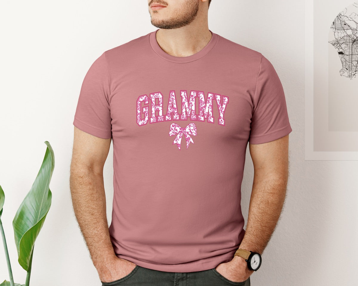 brand:Bella Canvas|color:Heather Mauve|Grammy Chinoiserie Pink Coquette Bow Graphic T-Shirt