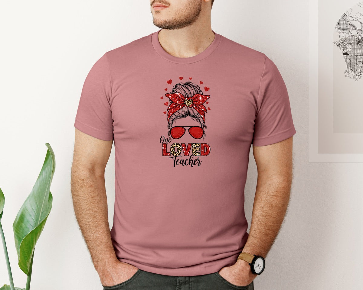 brand:Bella Canvas|color:Heather Mauve|One Loved Teacher Valentine 4 Graphic T-Shirt