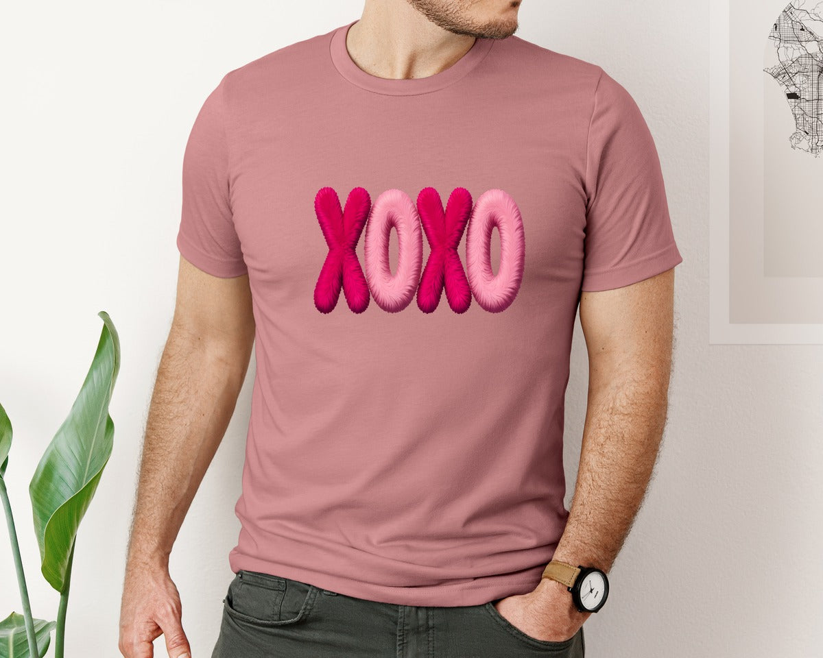 brand:Bella Canvas|color:Heather Mauve|Sparkly Valentines Day Faux Xoxo Graphic T-Shirt