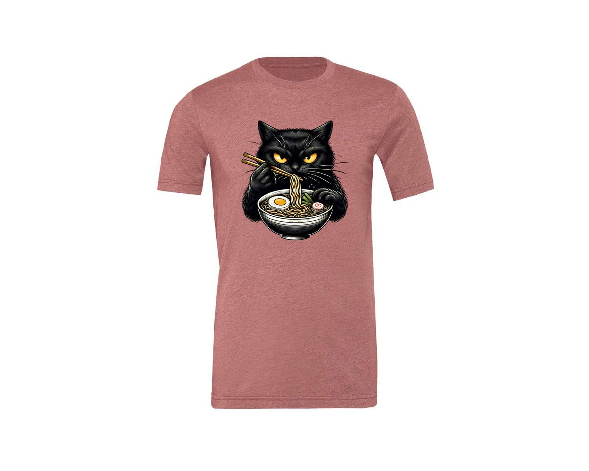 brand:Generic|color:Heather Mauve|Cute Black Cat Eating Ramen Noodle 3 Graphic T-Shirt
