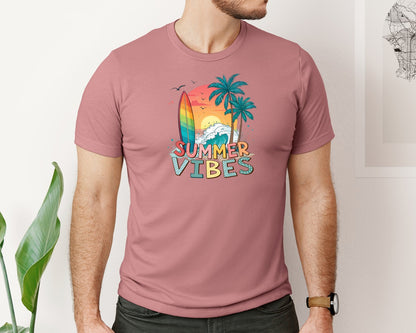 brand:Bella Canvas|color:Heather Mauve|Summer Vibes Summer Beach Surf Graphic T-Shirt