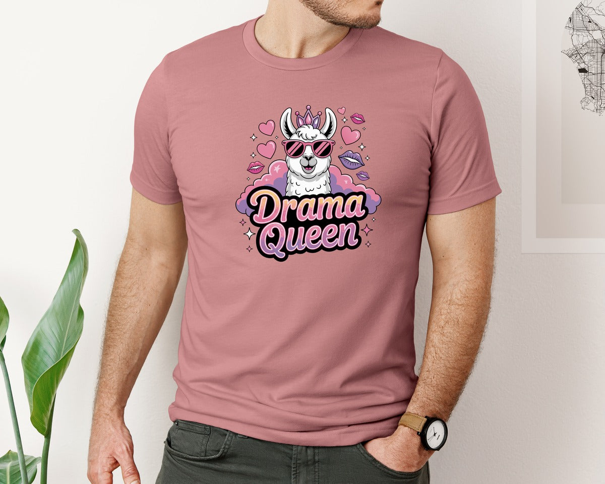 brand:Bella Canvas|color:Heather Mauve|Drama Queen Llama With Sunglasses Graphic T-Shirt