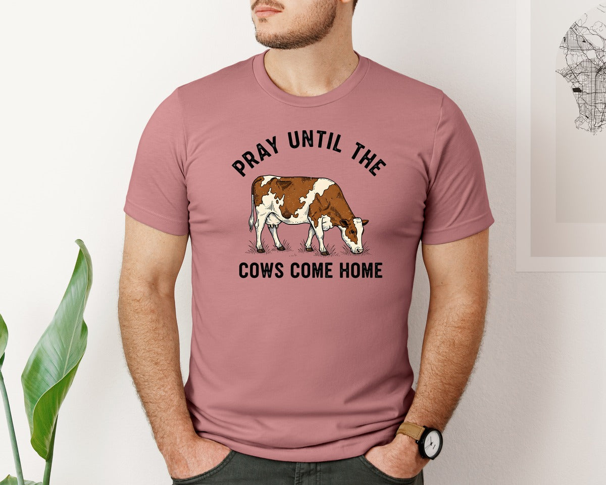 brand:Bella Canvas|color:Heather Mauve|Pray Till The Cows Come Home Western Graphic T-Shirt