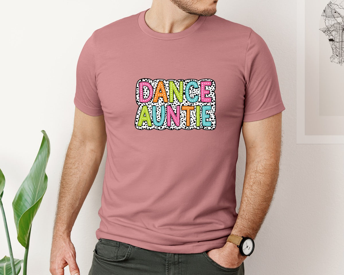 brand:Bella Canvas|color:Heather Mauve|Dance Auntie Dalmatian Dots Doodle Graphic T-Shirt